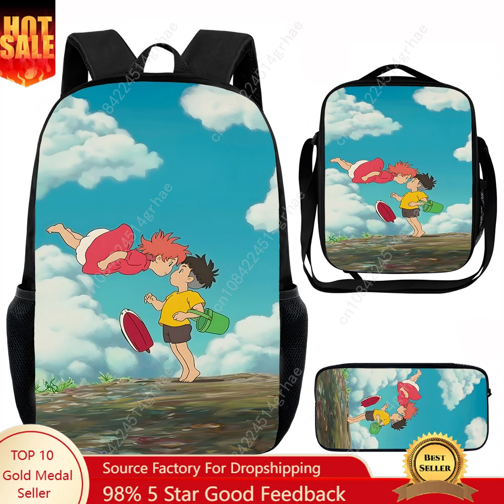 Cartoon Movie P-Ponyo Child School Backpack with Lunch Bags ,Pencil Bags ,School Bags for Boys Girls Best Gift