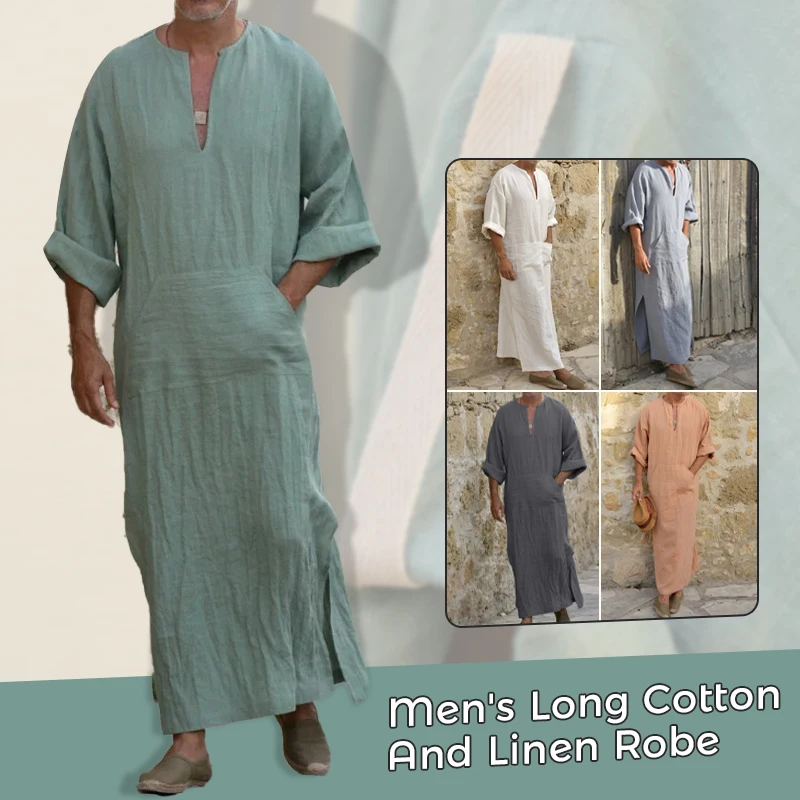 Herren Arabische Muslimische Lange Robe Hemd Casual Lose Lange Ärmel Männliche Tasche Kaftan Robe Baumwolle Leinen Taste Plain Roben Plus Größe 5XL