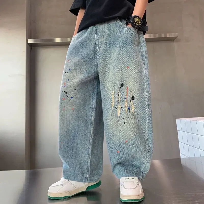 Boys Ripped Straight Leg Jeans Autumn Spring Cool Casual Medium Denim Pants