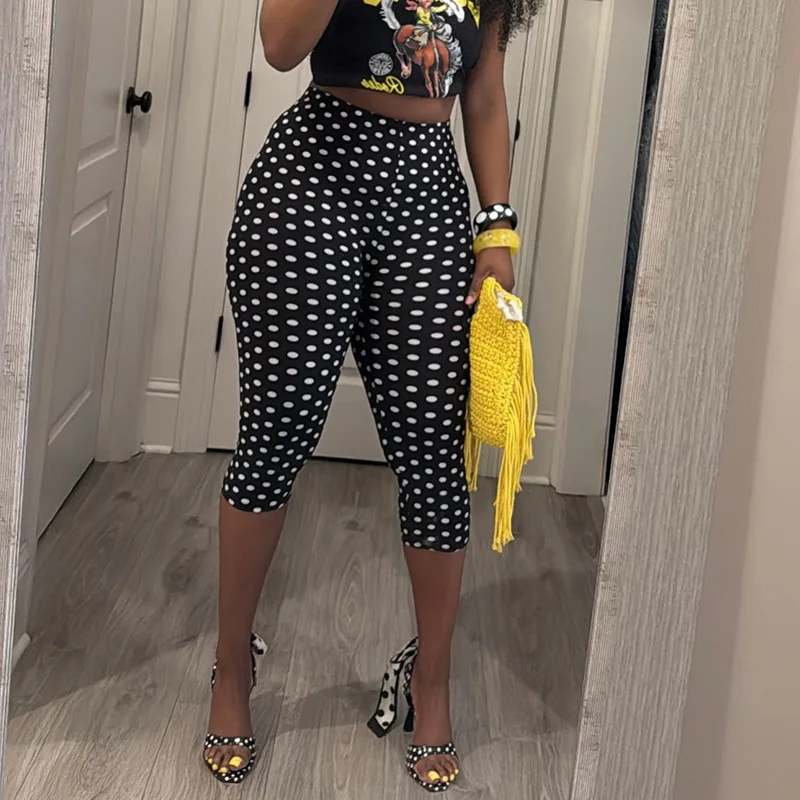 Women Fashion Polka Dots Print Calf Length Pants Elastic High Waist Peach Hip Skinny Casual Capris Trousers Streetwear Bottoms