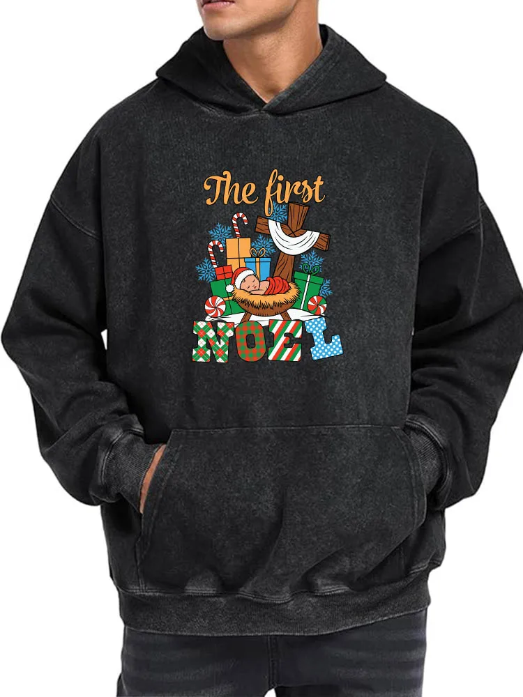 The First Noel Men's Vintage Washed Graphic Hoodie Retro Print Pullover Casual Streetwear Soft Fabric