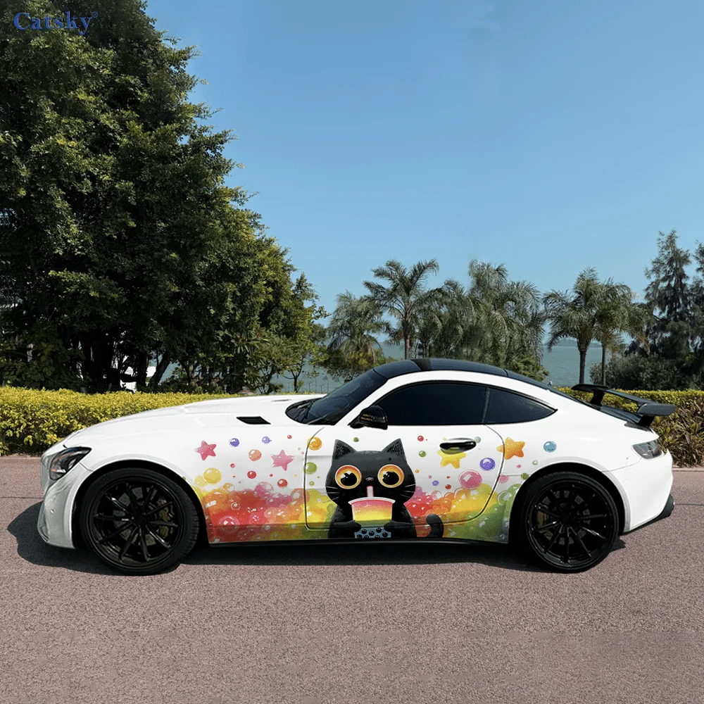 

Радужный черный кот, чай с молоком, автомобильные виниловые наклейки, самоклеящаяся наклейка из ПВХ, подходит для грузовиков, внедорожников, декор, автоаксессуары, подарок