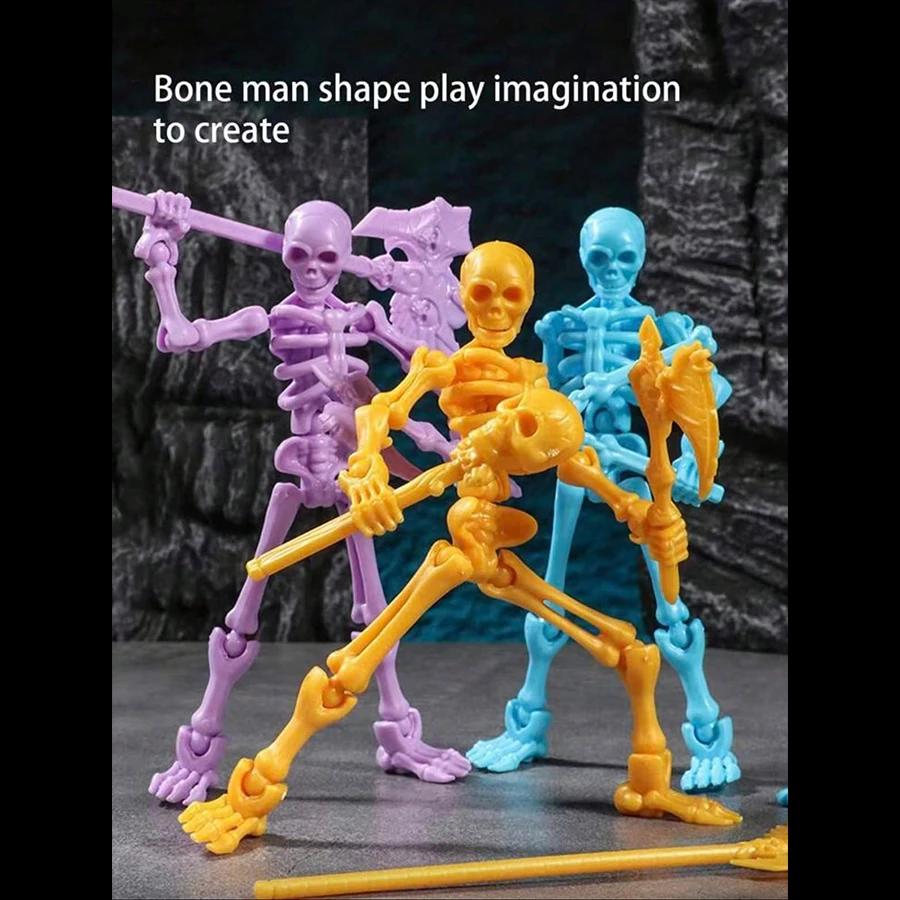 Multi-jointed color-coded skeleton figurine, movable assembly skeleton action figure, funny prank desk ornament