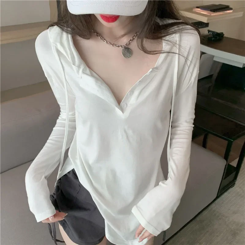 Spring Summer Loose Casual Hoodied T-shirt Ladies Long Sleeve Solid Color Pullover Top Women Oversized All-match Sunscreen Tee