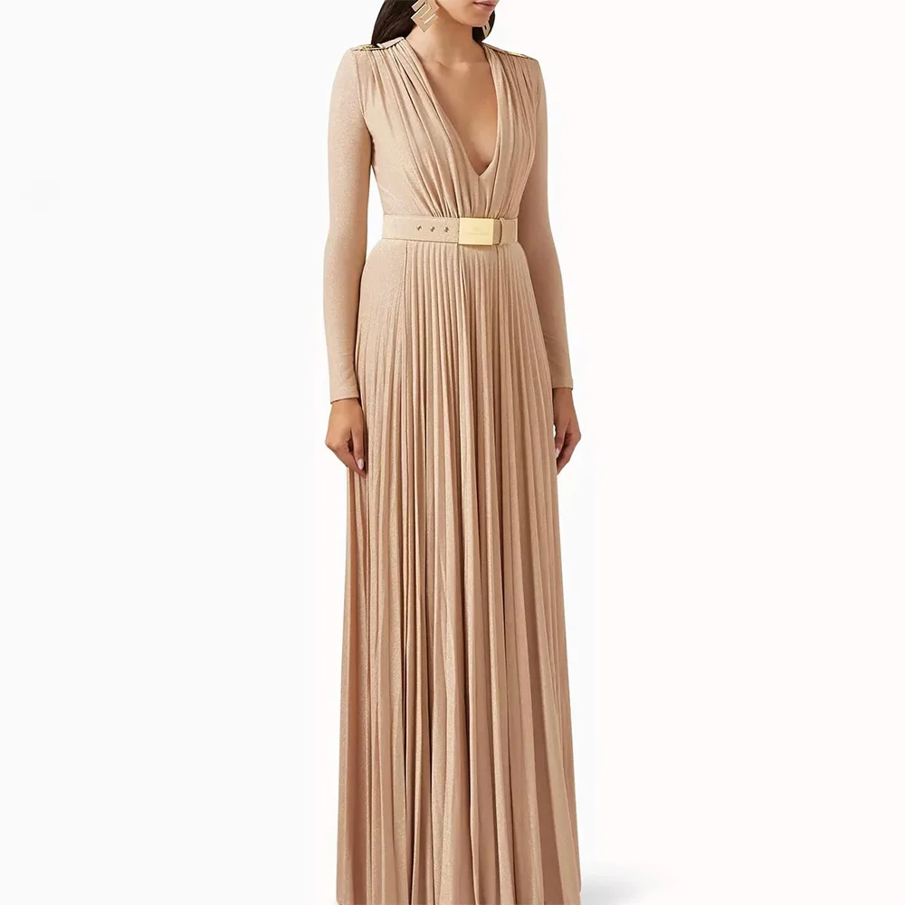 

High Quality A-Line V-Neck Evening Dress Customized Belt Long Sleeves Party Dress Fashion Floor Length Bespoke Occasion Gowns