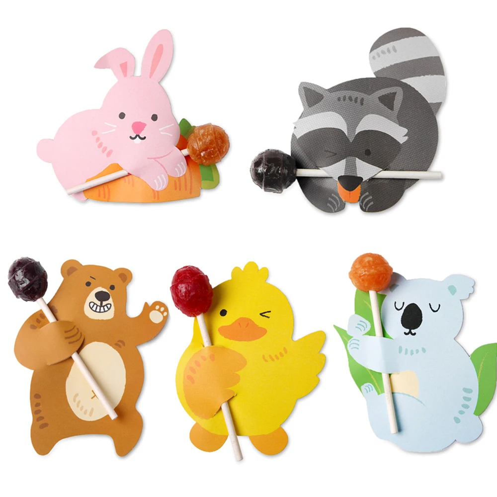 50PCS Creative Carton Animal Candy Lollipop Cards Easter Rabbit Candy Holder Kids Birthday Party Candy Gift Accessories Supplies