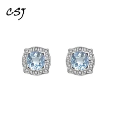 CSJ Elegant Natural Aquamarine Earrings 925 Sterling Silver Gemstone Round 5mm Jewelry for Women Wedding Party Birthday Gift