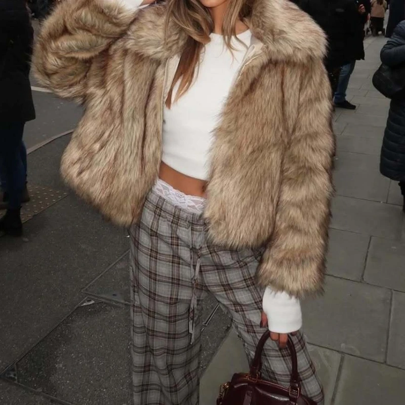 

Зимние женские винтажные куртки из искусственного меха с длинными рукавами и лацканами, карманами на молнии, пальто 2025 года, женская мода, уличная женская верхняя одежда