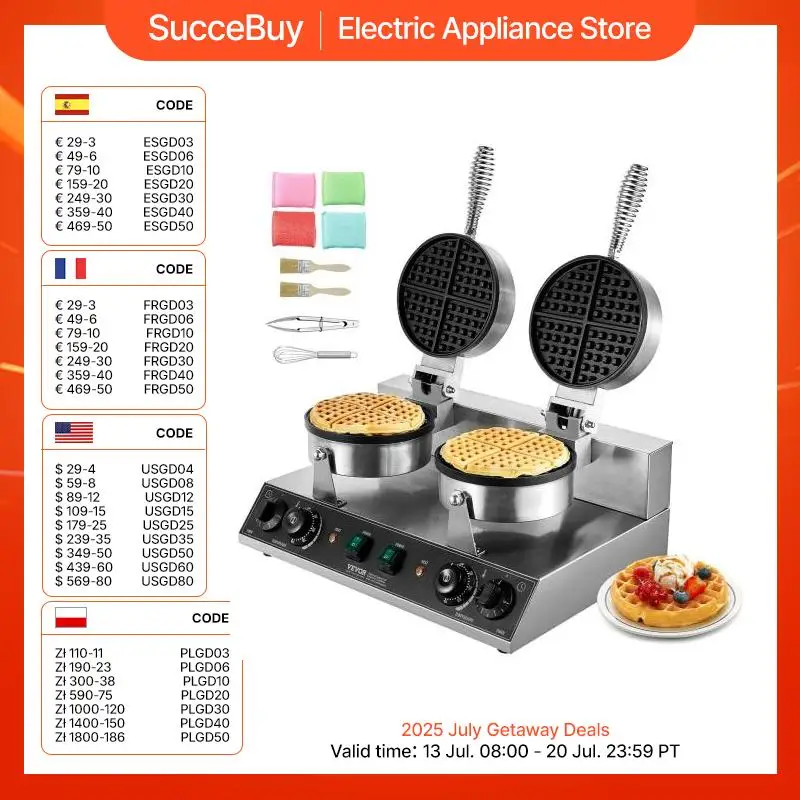 VEVOR kommerzielles Waffeleisen rundes Waffeleisen mit Doppelkopf 2460 W, belgisches Waffeleisen mit antihaftbeschichteten Backfläche, Temperatur- und Zeitregelung, für Restaurant Bäckerei Snackbar