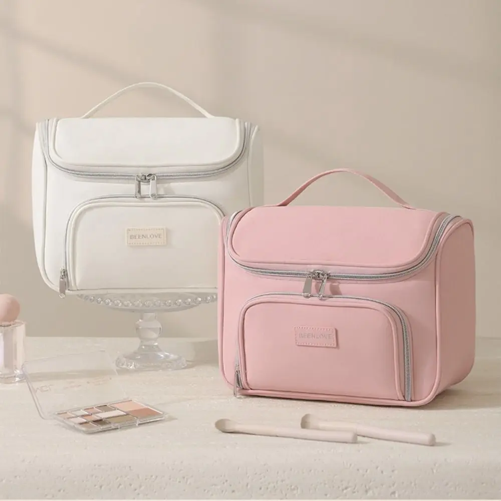 Multi Compartment Cosmetic Bag Carry Handle Double Zipper Travel Makeup Case Front Pocket Portable Toiletry Bag