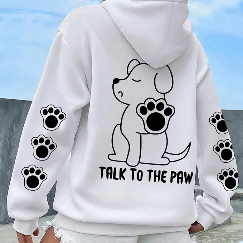 Talk To The Paw Funny Dog Cartoon Print Hoodie Women Warm Fleece Hoody Fashion Casual Hooded Autumn Loose Round Neck Woman Tops