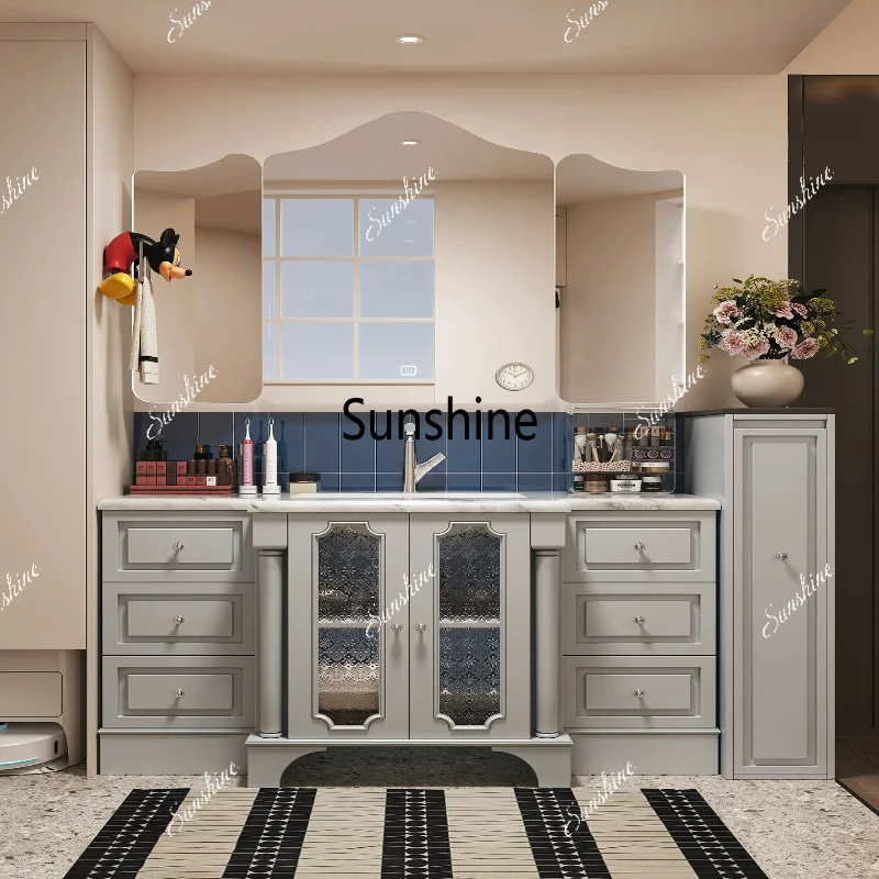 French retro floor luxury stone ceramic seamless washing table side cabinet pull basket storage