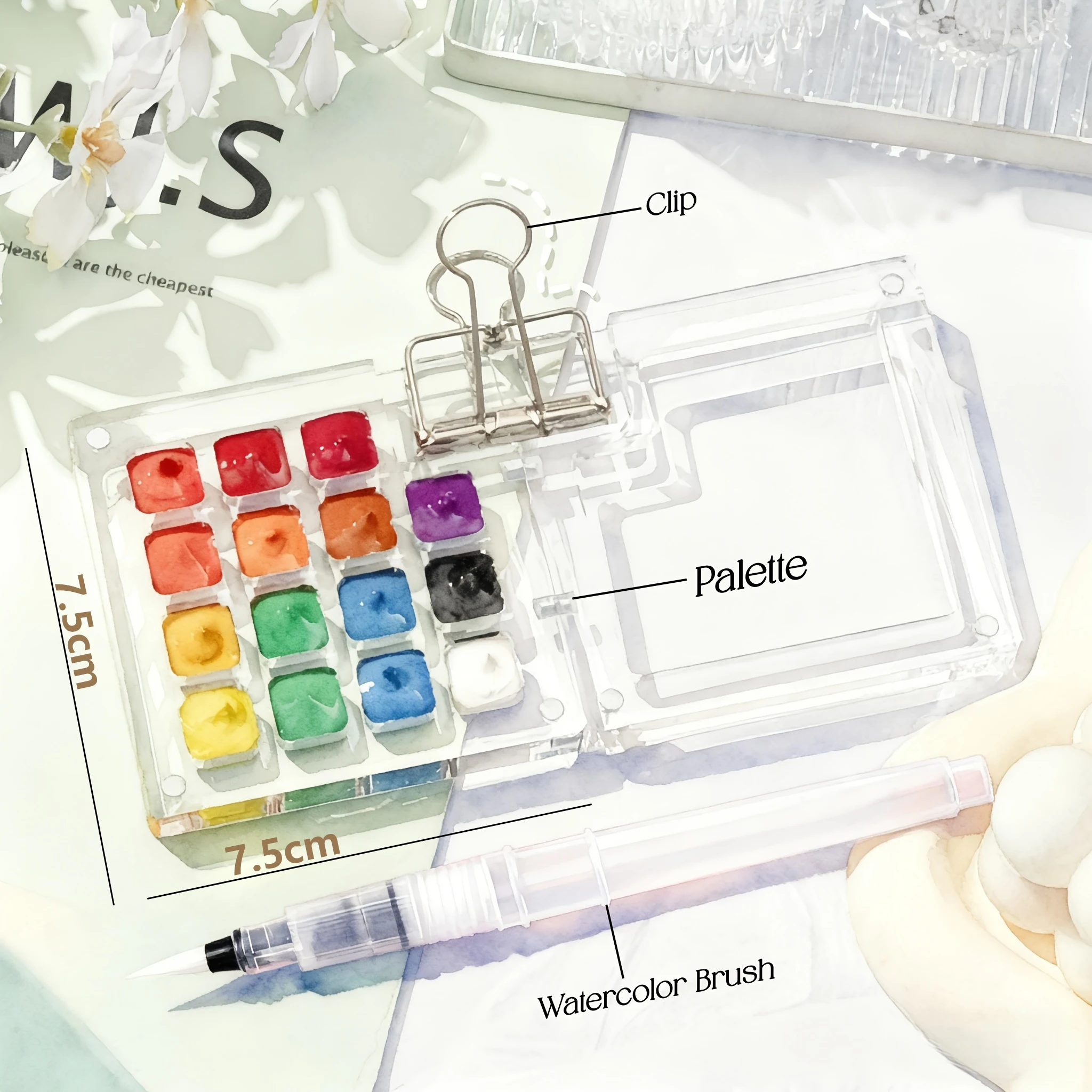Mini Tragbare Aquarell-Farbpalette mit Pinsel und Clip, Reise-Malset, 8/15 Farben Raster-Farbbox – Detail 4