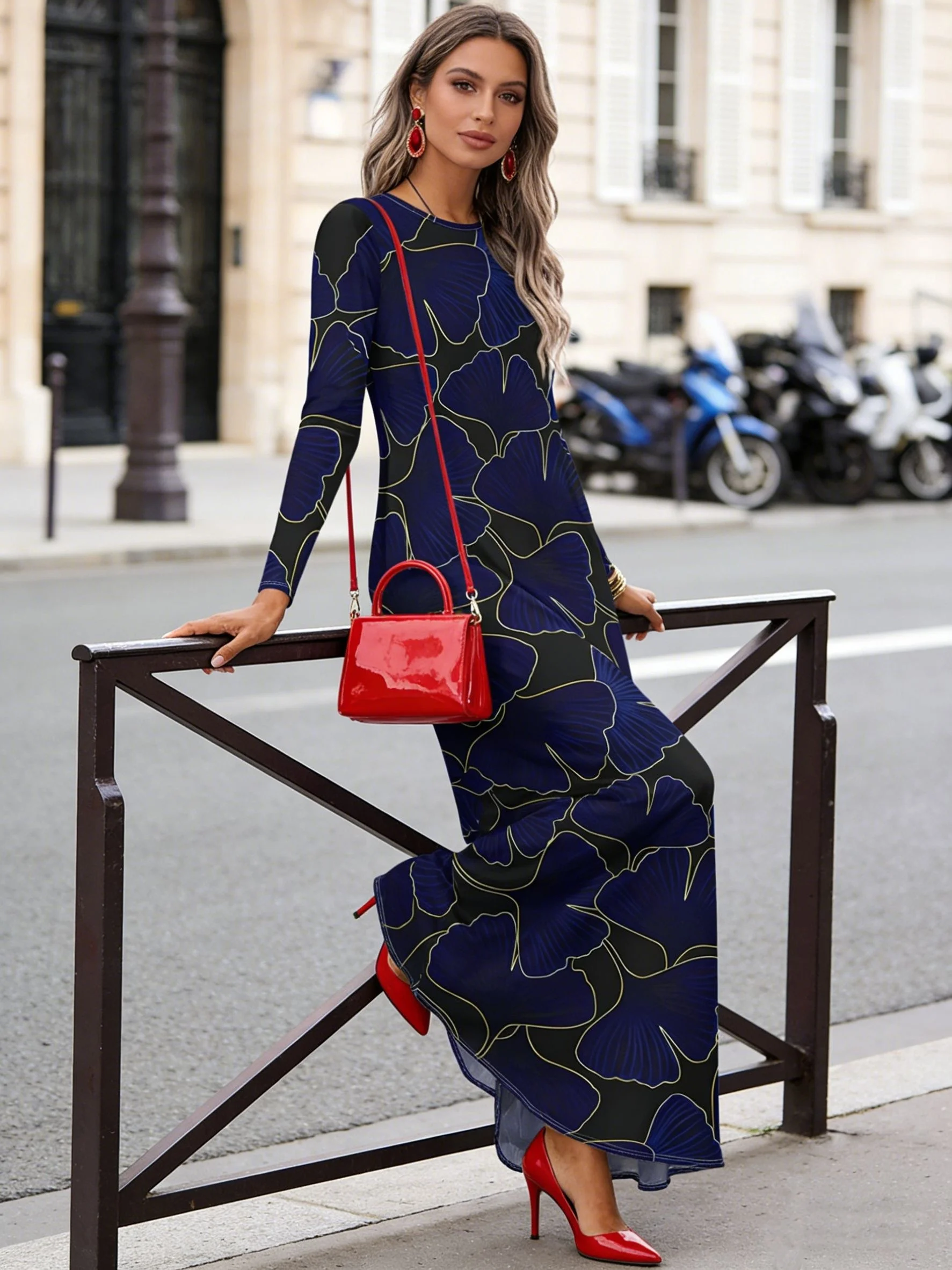 Damen Langarm-Kleid mit Rundhalsausschnitt Lässiges Sommer-Urlaubskleid Fließendes A-Linien-Midikleid für Frauen Bequemer Dehnbarer Stoff