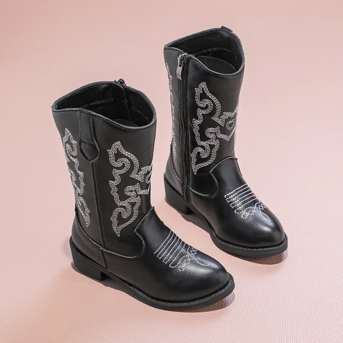 PU Cowboy Ankle Boots for Girls New Autumn Winter Kids Mid-calf Boots Non-slip Side Zip Simple Retro Kids Casual Boots