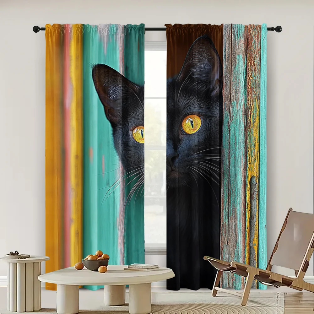 2pc,  Drapes black cat Versatile 100% Polyester,Without Electricity Versatile Applies to Living Room, Outdoor Decor