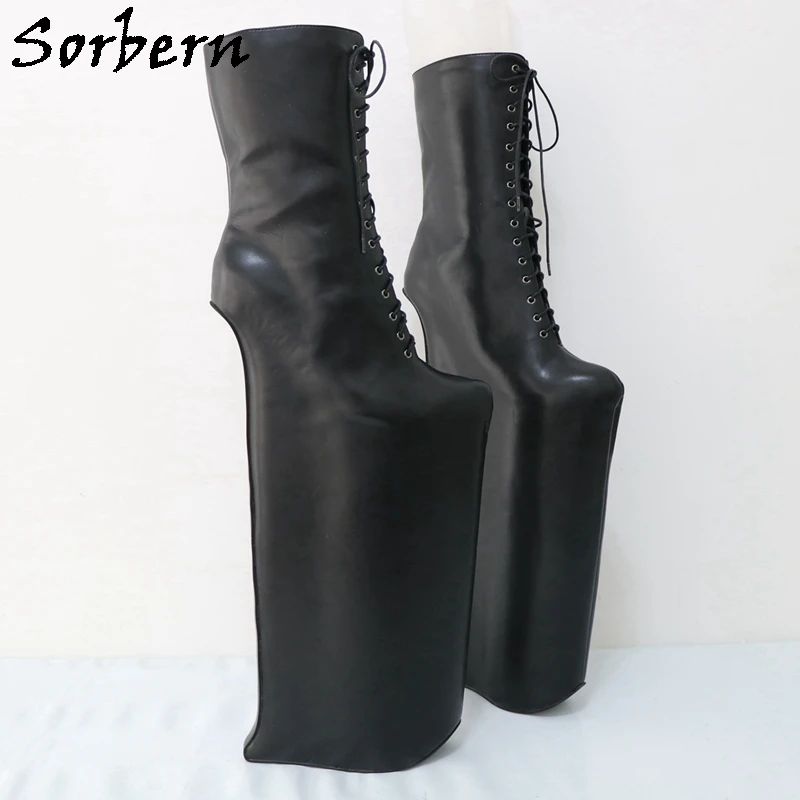 Sorbern 50cm High Heelless Mid Calf Boots For Women Wedge Platform Hidden Platform Black Drag Queen Booties Unisex Style