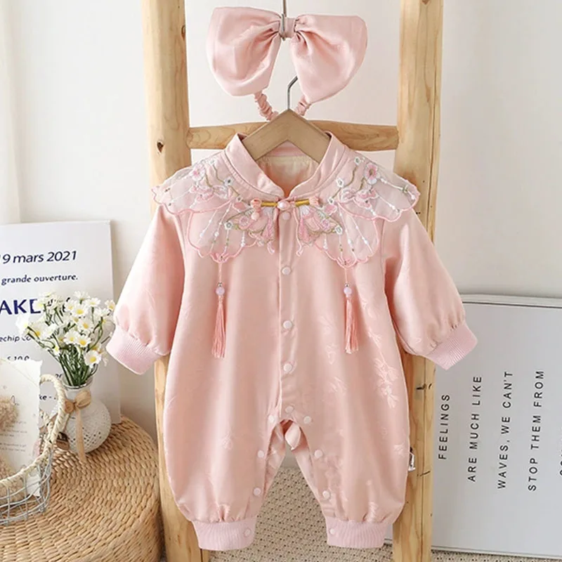 

Autumn Infant Girl Clothes Fashion Chinese Style Embroidery Pink Long Sleeve Princess Jumpsuits+Hairband Baby Newborn Items B288
