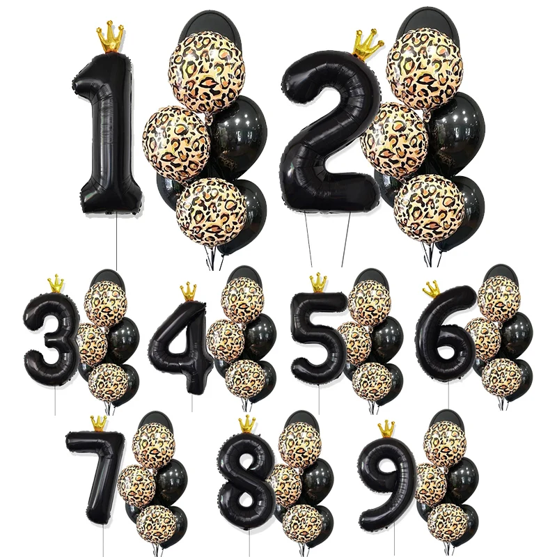 8pcs 40inch Black Crown Big Number Balloons 18inch Round Leopard Grain Foil Ballon 0-9 Birthday Wedding Party Decorations Shower