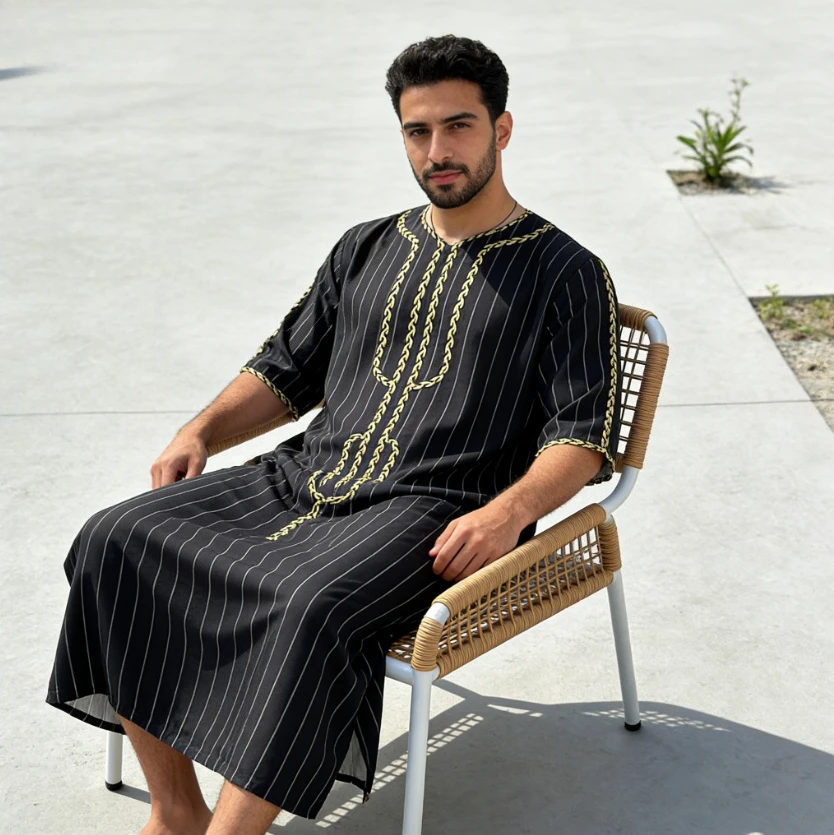 

2026 Men's Summer Islamic Robe Moroccan Kaftan 3D Digital Print Muslim Thobe