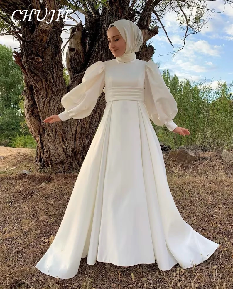 

A Line Satin Muslim Wedding Dresses Bride Dress Long Sleeve High Neck Arabic Dubai Bridal Gowns Vestidos De Novia فساتين زفاف