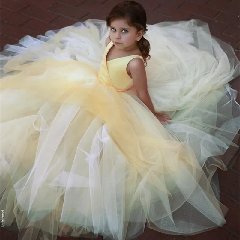 Yellow Flower Girl Dresses For Wedding V Neck Pleats Ball Gown Floor Length Modest Dresses Pageant Party Gift Birthday