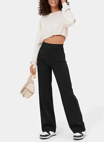 Women's Casual High Stretch Waist Pants High waist button with multiple pockets trousers platter fabric loose straight version