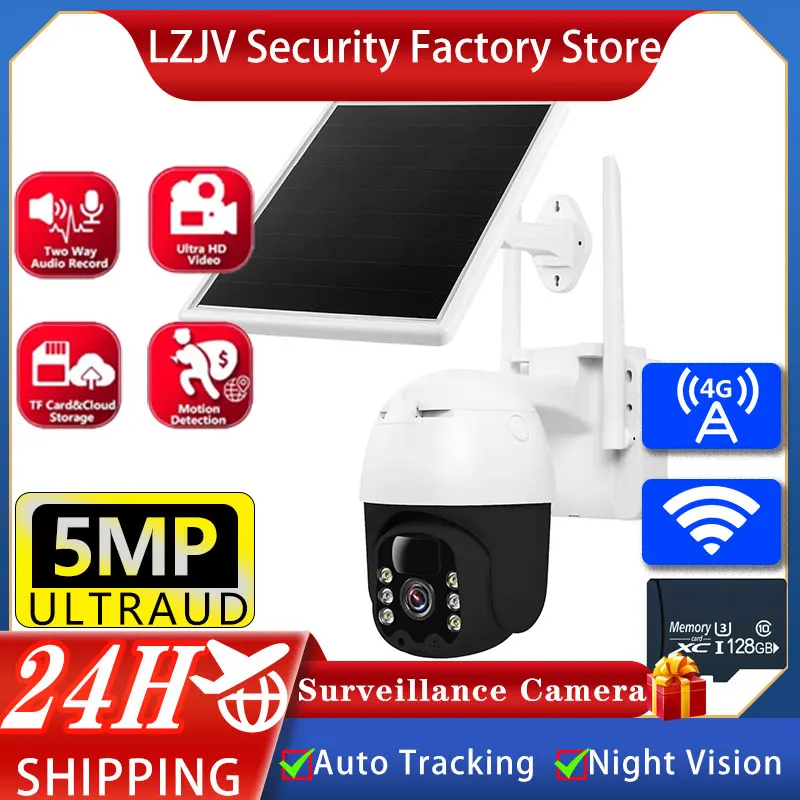 

LZJV PTZ 5MP UHD 4G WIFI Solar Camera Surveillance Cameras With Solar Panel Recharge Battery Outdoor Night Vision IP Cam