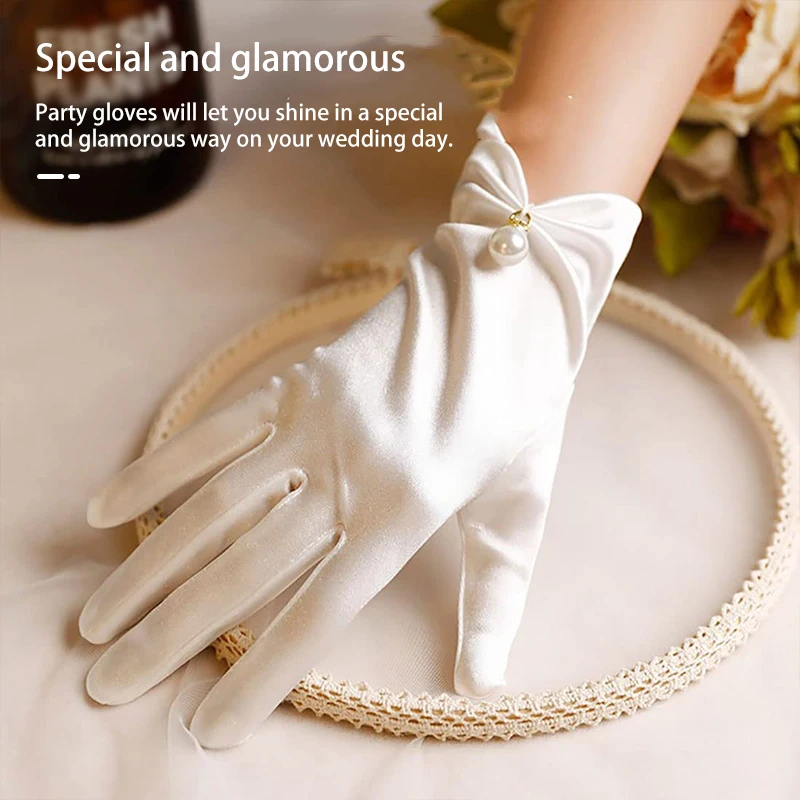 Gants en perles de satin pour femme, gants de performance cosplay, robe de mariée blanche, poignet court, accessoires de mariage, fête de Rh, patients