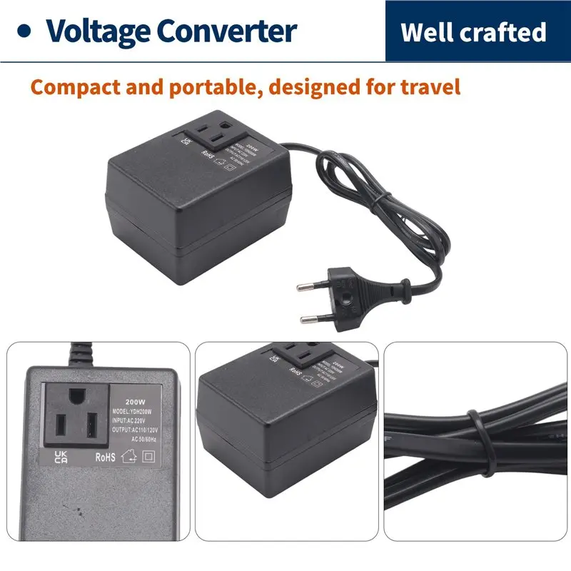 AA08-200W Voltage Converter Transformer EU To US Step-Down Transformer 220V To 110V Single Phase Travel Adapter EU Plug
