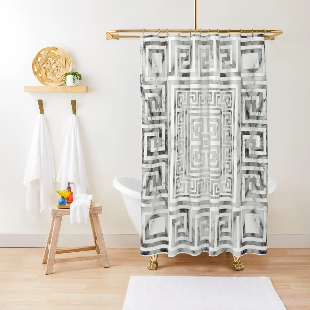 

Греческий мерндер - греческий ключ, белая мраморная текстура, занавеска для душа, декор для ванной комнаты, занавеска для ванны