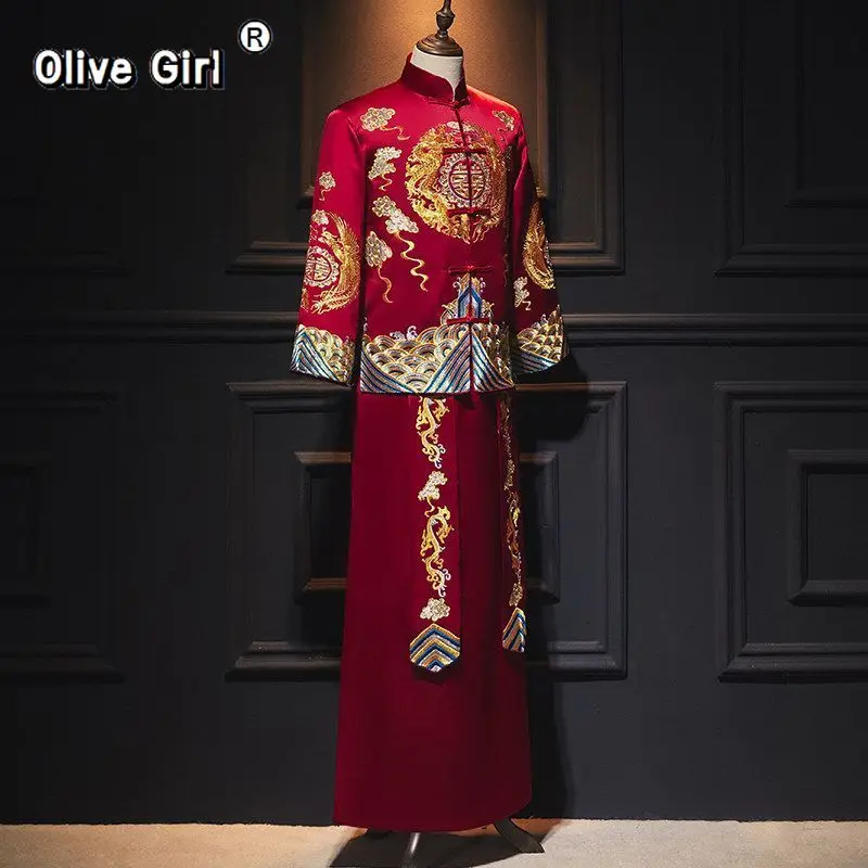 Olivegirl Male Groom Wedding Dress 2026 Embroidered Dragon and Phoenix High End Chinese Wine Red Groom Toasting Set