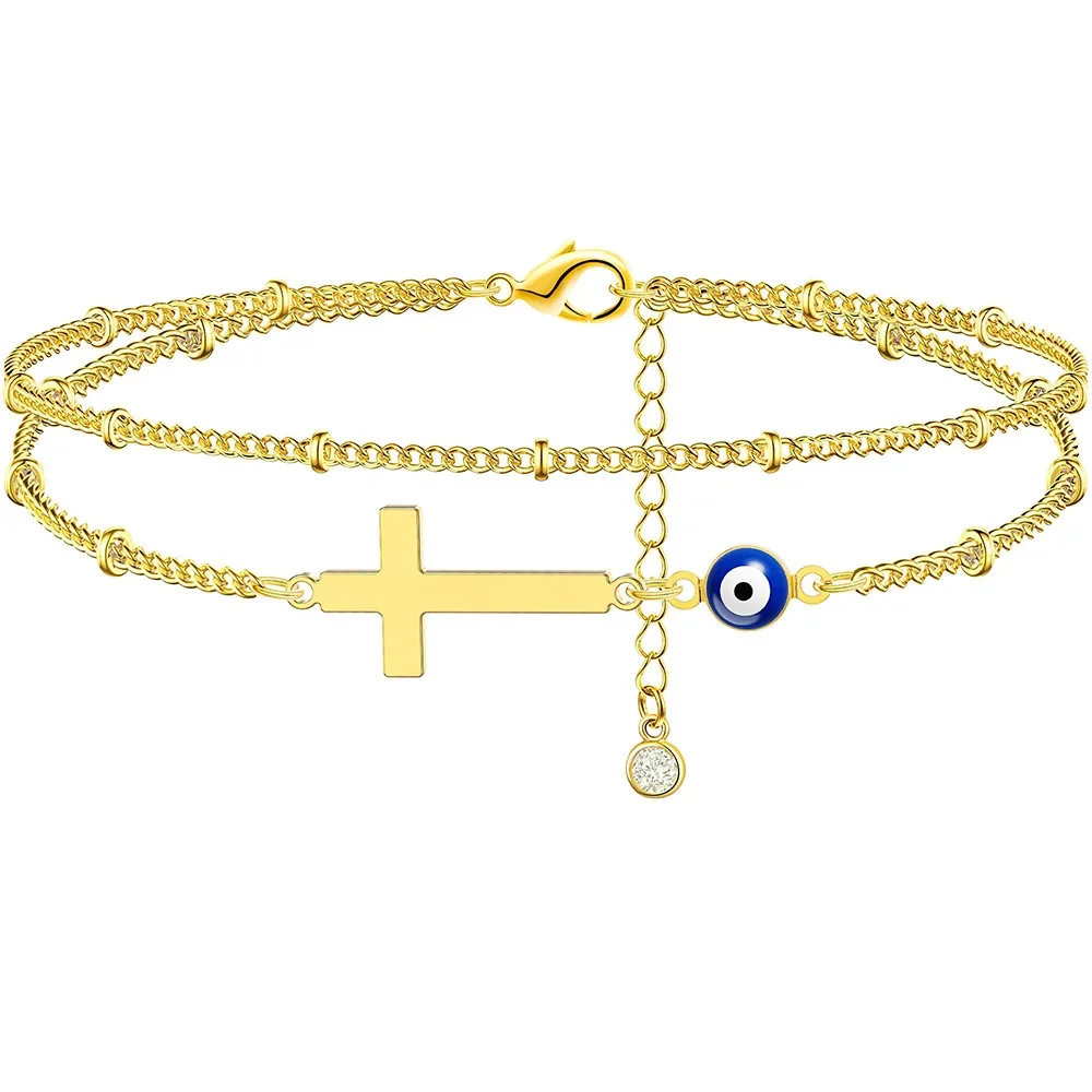 Fashion Stainless Steel Anklet For Women Turkey Blue Eye Of Evil Cross Charm Ankle Bracelet Waterproof Chain On Foot Jewelry
