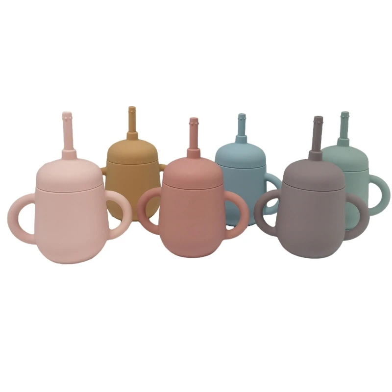 L5YF Baby Feeding Straw Bottle Toddler Learning Drinking Silicone Sippy Cup for Infants Portable Non-Slip Double Handle