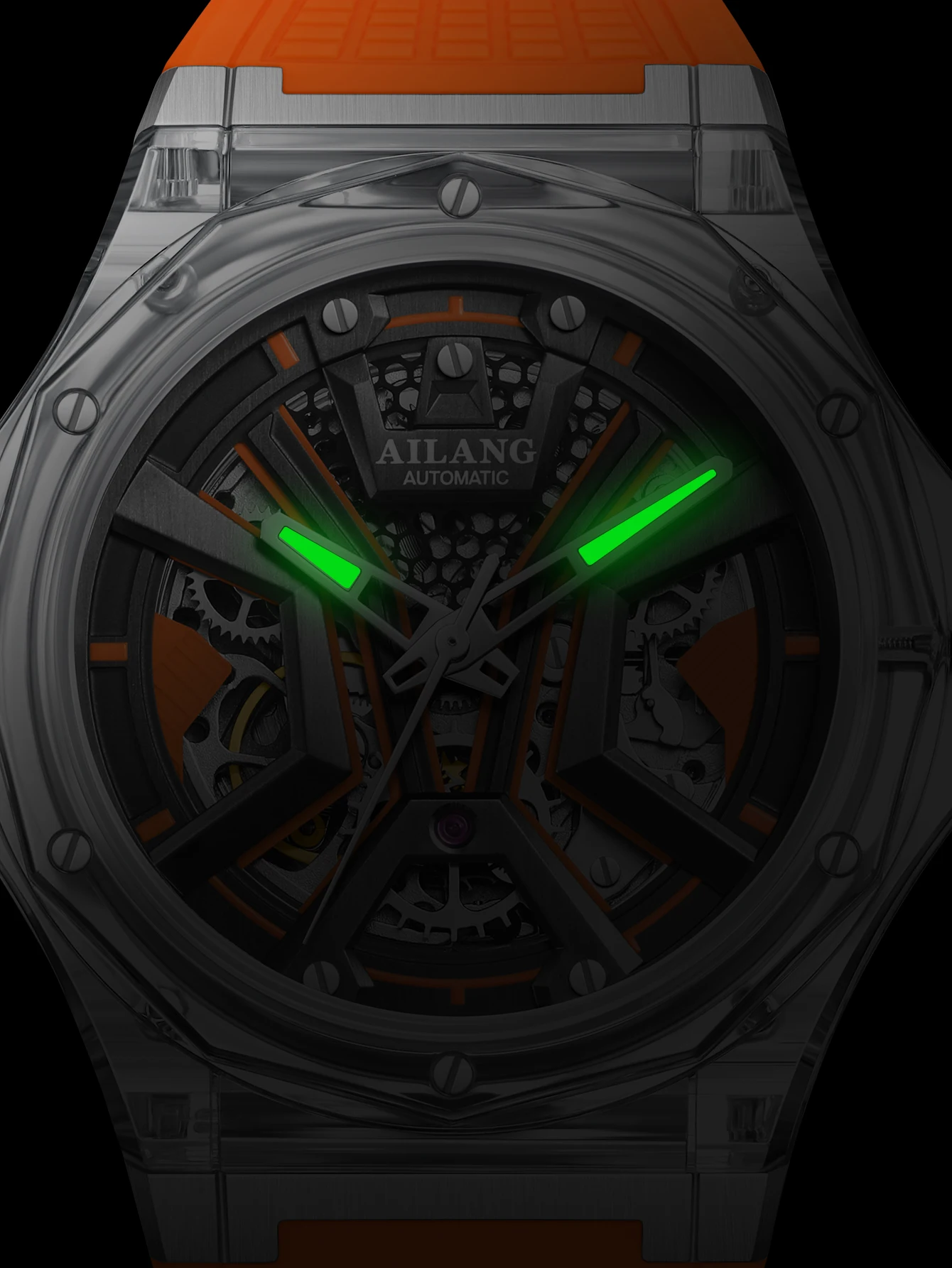 Ailang genuine men\'s polygonal rubber band waterproof hollow tourbillon luminous fashion trend automatic mechanical watch