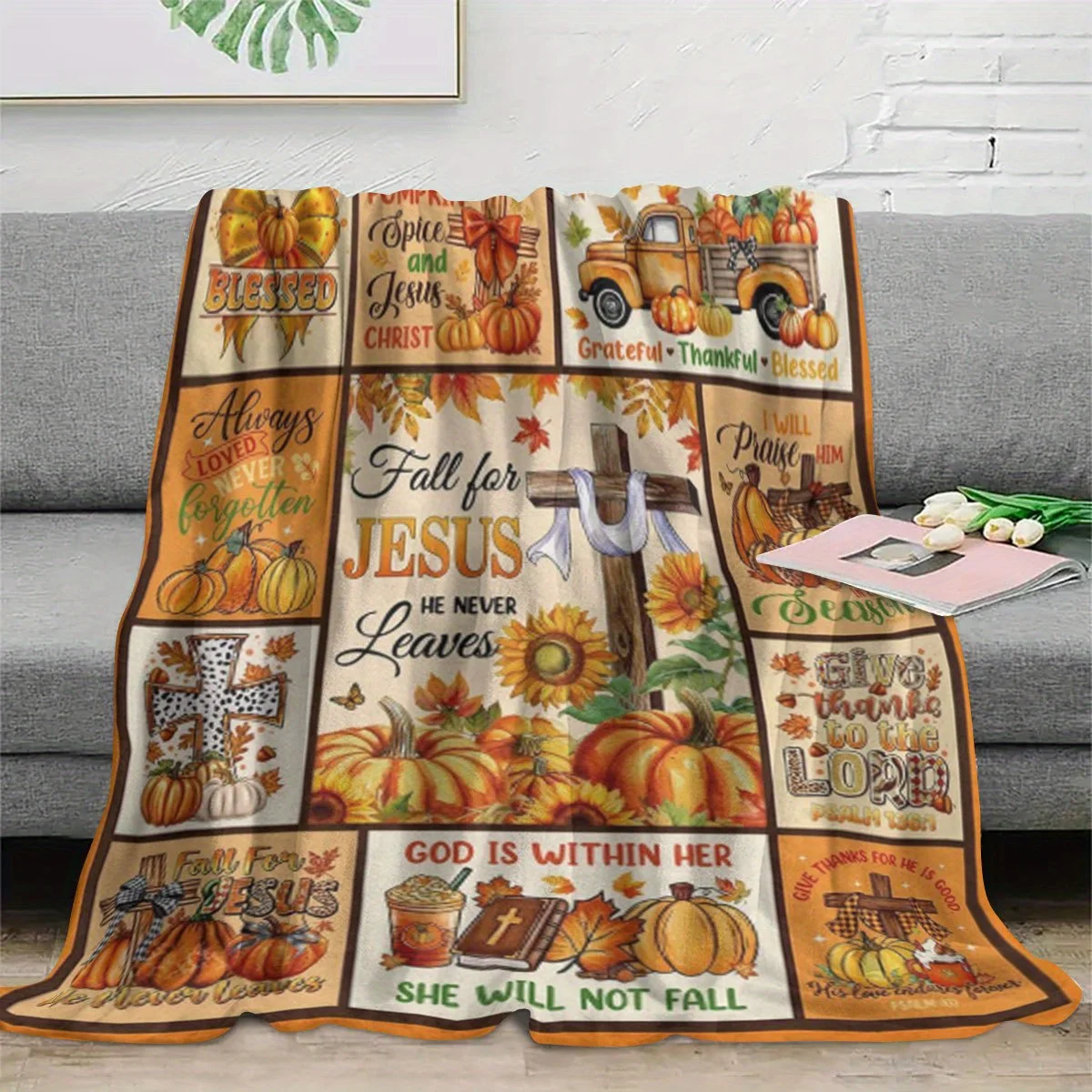 Fall for Jesus Flannel Blanket Pumpkin Sunflower Cross Harvest Bible Quote Autumn Throw Blanket for Sofa Bed Couch Bedroom Living Room Thanksgiving Home Decor Christian Gift Cozy Nap Blanket Office Travel Faith Bedding Harvest Season Room Accent