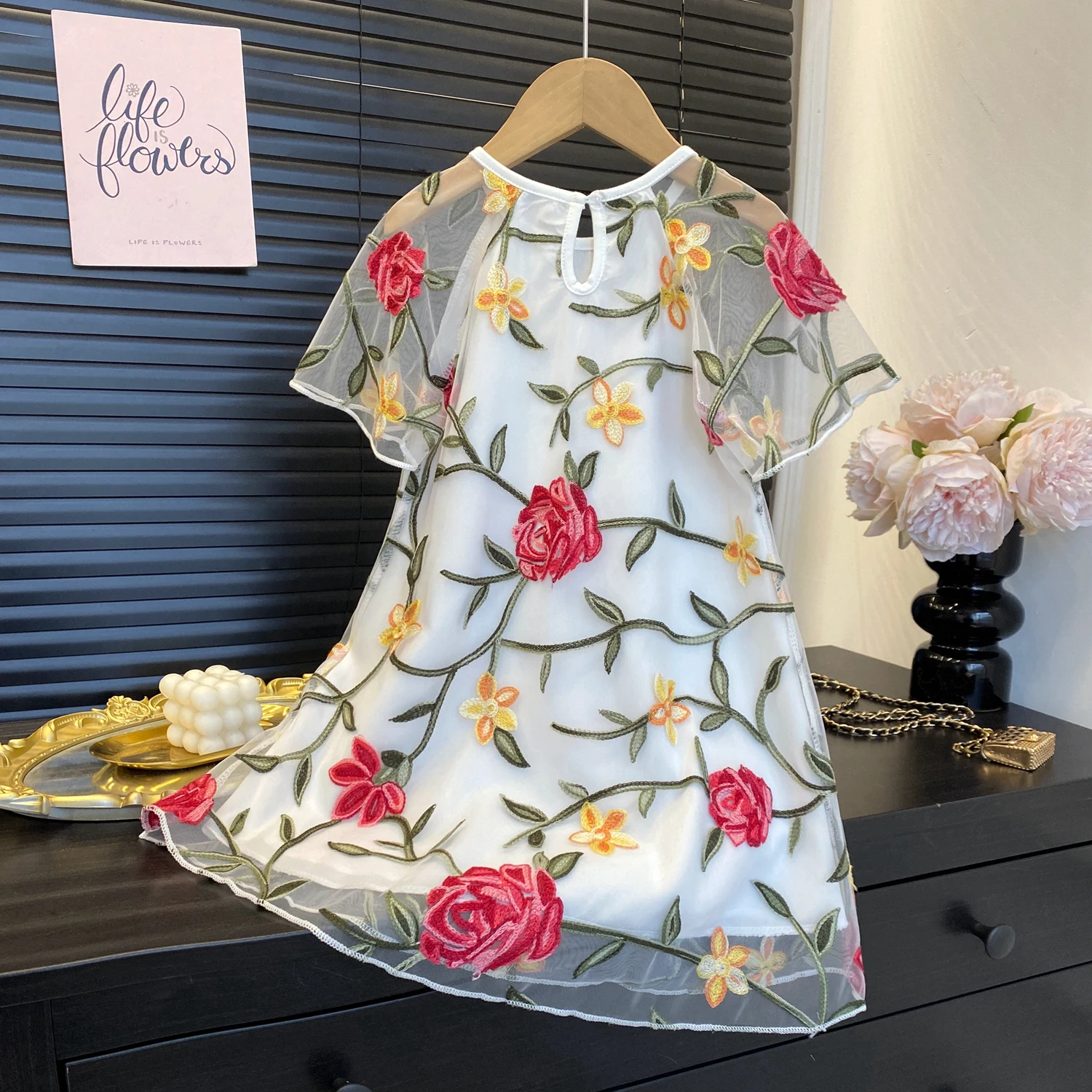 Humor Bear New Girls' Dress 2026 Summer Fashion Flower-embroidered Short-sleeved Dress Kids Clothes Summer Wear