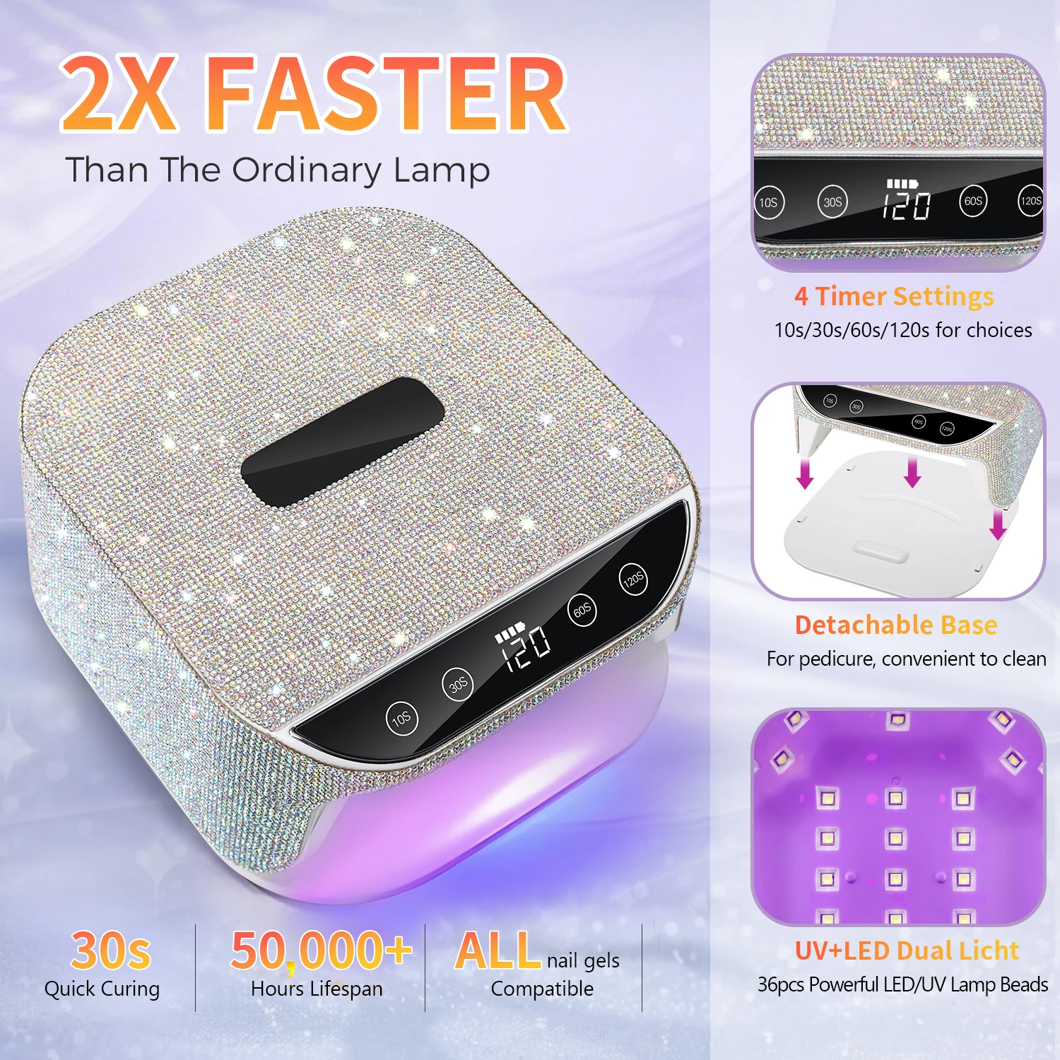 مصباح تجفيف الأظافر مع أحجار الراين القابلة لإعادة الشحن، آلة تجفيف طلاء الأظافر اللاسلكية مع مقبض مصباح LED للأظافر بالأشعة فوق البنفسجية