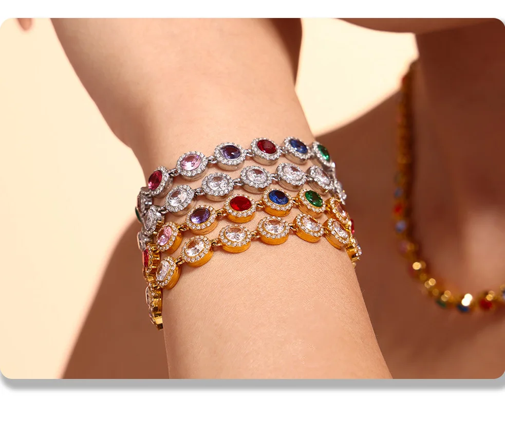 Farbiges Zirkonia-Herzarmband für Damen aus 316 Edelstahl, Vergoldet, Luxuriöser Armreif, Damen-Charm-Schmuck-Accessoires – Detail 5
