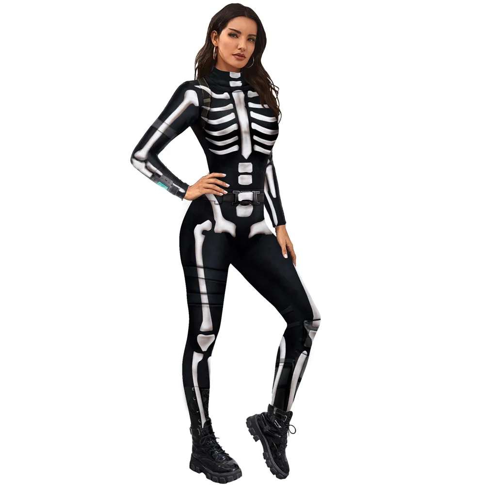 IOOTIANY Erwachsene Frauen 3D-Skelett Halloween Cosplay Kostüm Spandex-Jumpsuit Langarm Totenkopf Cosplay Jumpsuit Neu 2026 – Detail 6