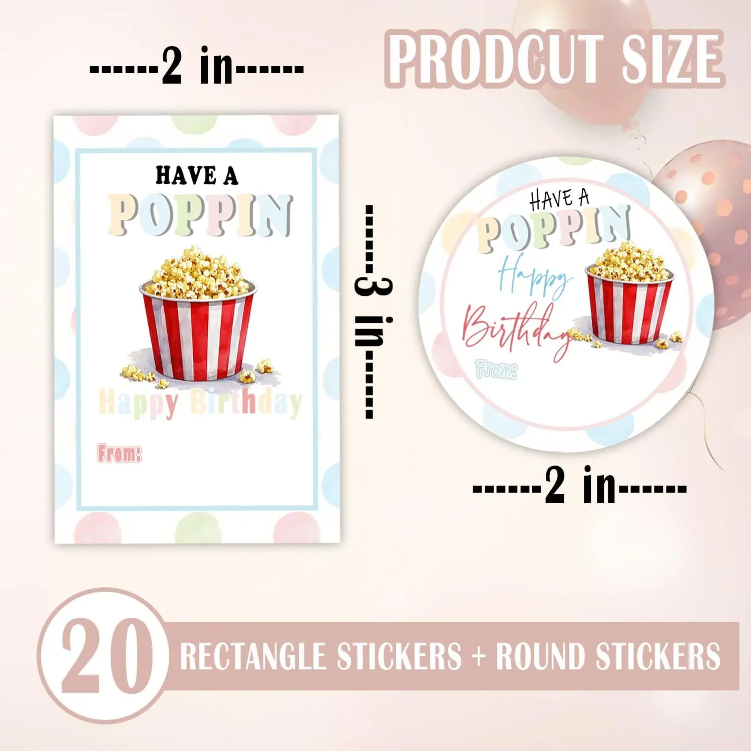 40 PCS Have a Popp-ing Birthday Stickers Popcorn Birthday Tag Classroom Birthday Labels Rectangular (2 * 3 inches) & Circular
