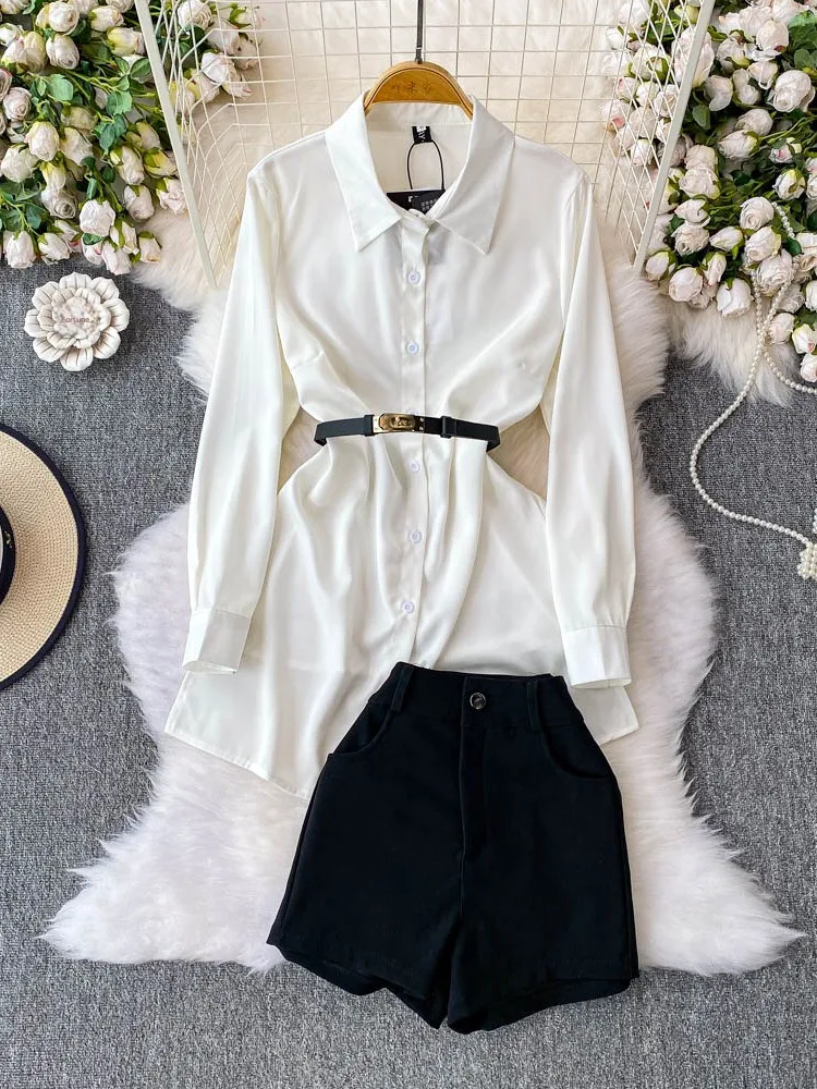 

Korean Sle Profional Commute Classy Single Button Long Sve White irt High Waist Slimming Denim orts Two Piece Set
