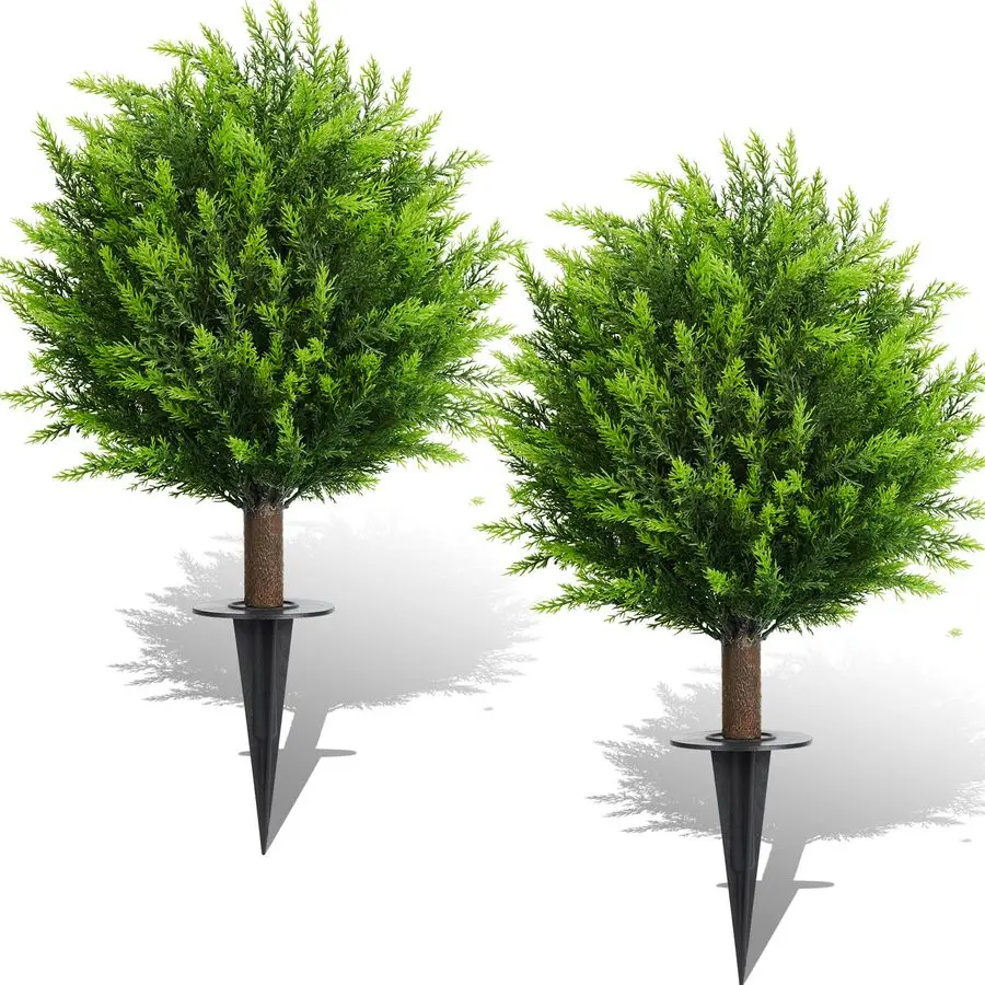 

Artificial Cedar Topiary Ball Trees, Set of 2 UV Resistant Fake Evergreen Trees Shrubs Bushes Artificial Plants with Ground Spik