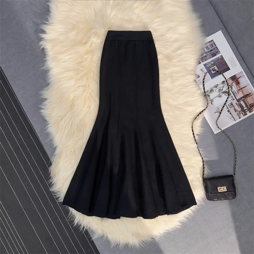 Gowyimmes Autumn Winter Women Solid Mermaid Skirt Elegant Lady High Waist A-line Knitted Skirts Slim Midi Long Bottomings PD1829
