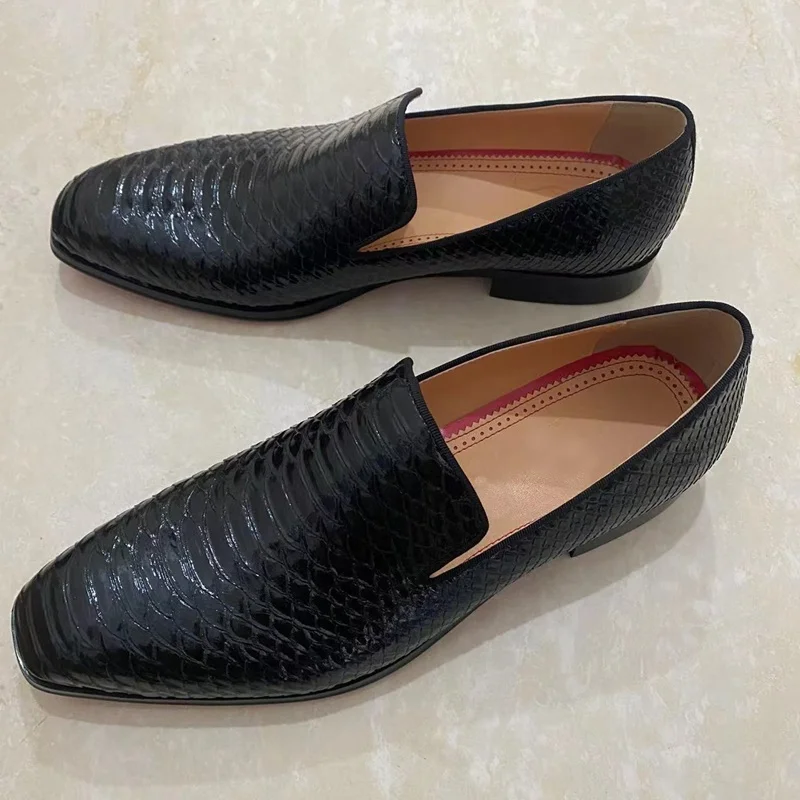 

High Quality Snakeskin Pattern Black Leather Loafers Fashion Slip On Casual Shoes For Men Luxury Mens Dress Shoes