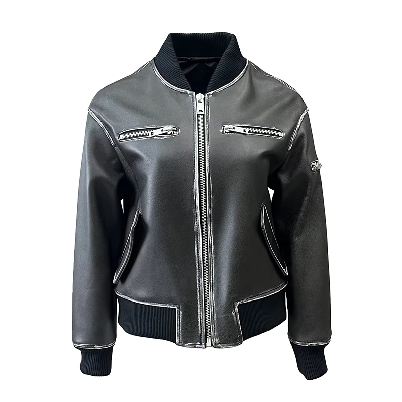 

Lady Fashion Streetwear Leather Jacket New Design Distress Moto Biker Jacket Women Genuine Leather Coat QG5536