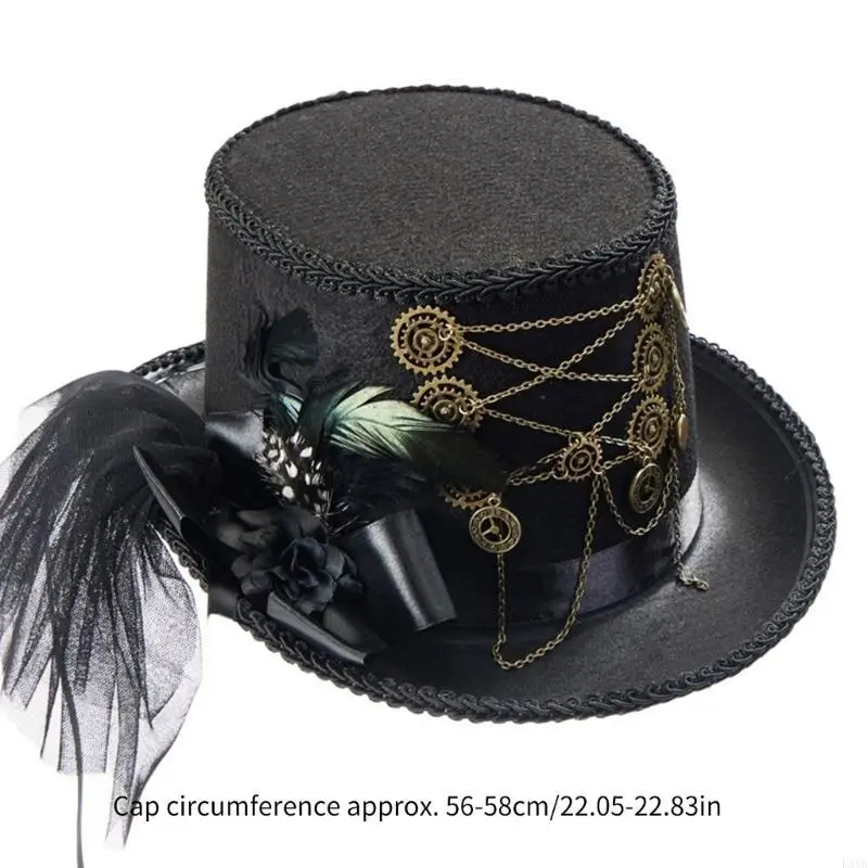 L5YA Steampunk-meisjeshoed met platte hoed Halloween-kostuumhoed met tandwielketting en verendecors