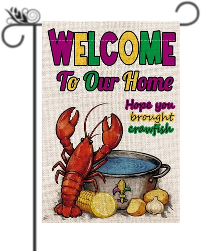 Mardi Gras Decoration - Fat Tuesday Garden Flag Crawfish Welcome Burlap Vertical OOV IIC