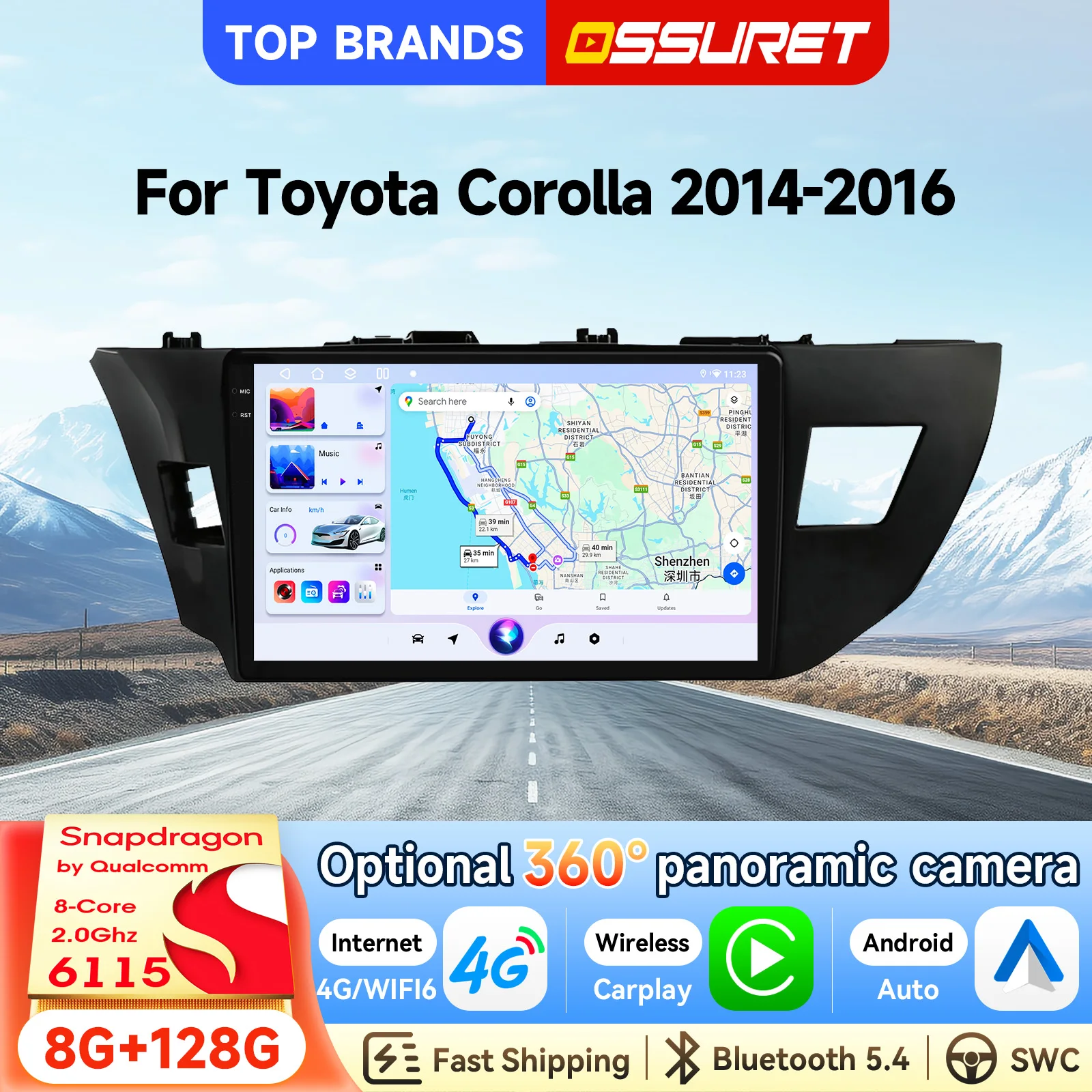 OSSURET Schneller Versand 10,1 Zoll 2 Din Carplay Android 15 Autoradio für Toyota Corolla 2014-2016 Linkslenker Autoradio mit Qualcomm Snapdragon 6115 Octa Core GPS-Navigation Bluetooth SWC Android