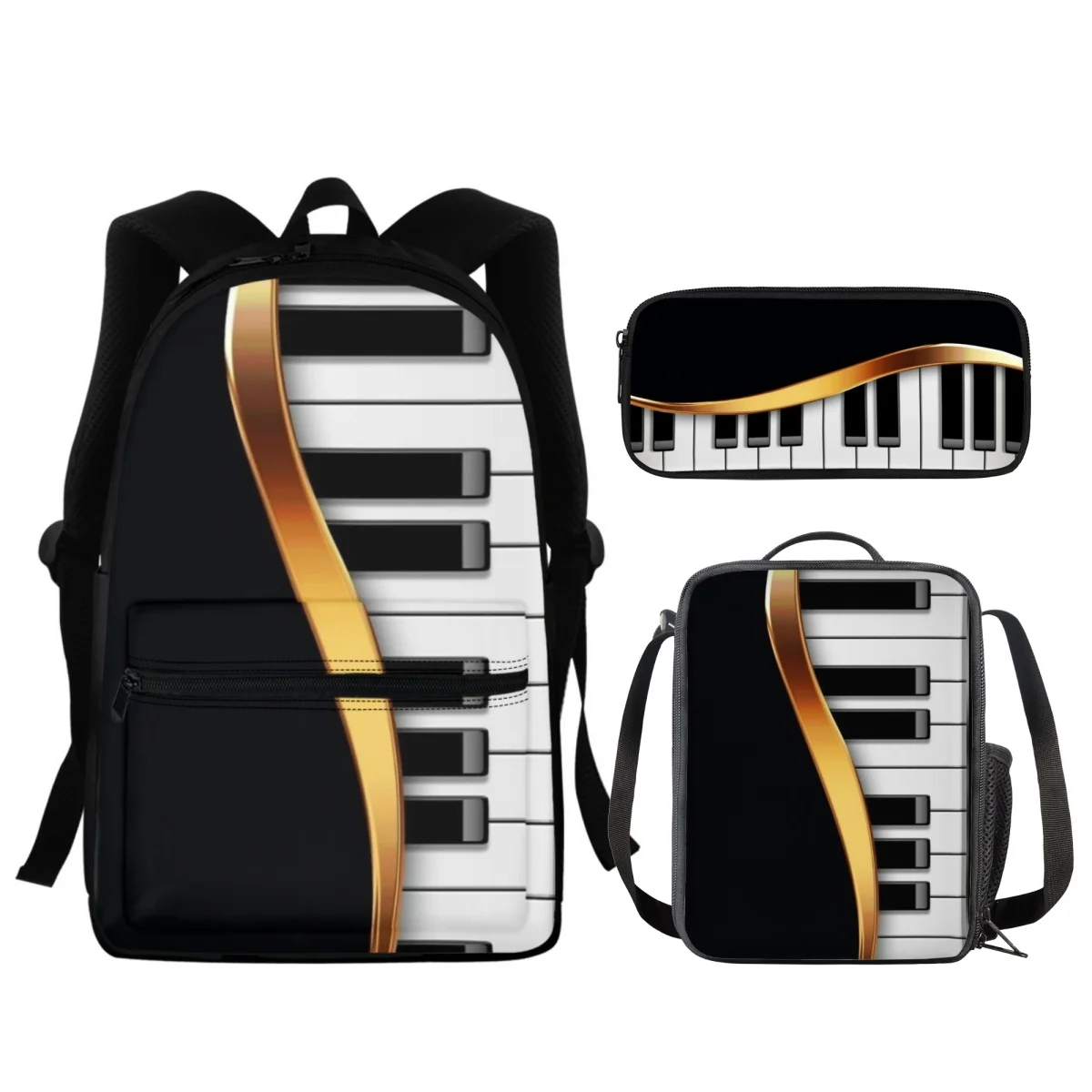 FORUDESIGNS Piano Keys 3Pcs/Set Schoolbags Student Pencil Case Shoulder Diagonal Meal Bag Portable Creative Music Rucksack